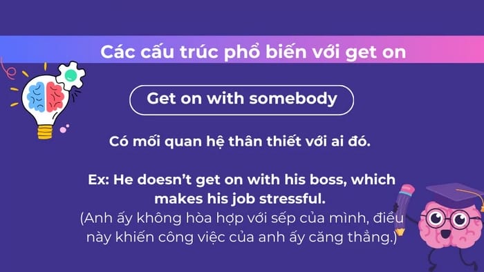 Get on with có thể sử dụng để nói về mối quan hệ hòa hợp, thân thiết với ai đó