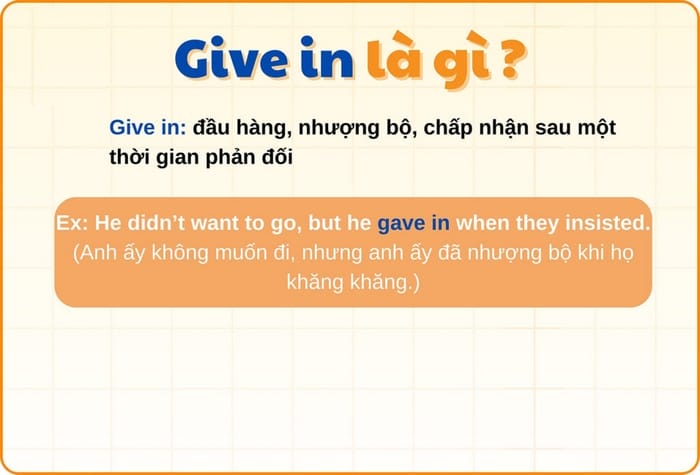 Give in có ý nghĩa chính là nhượng bộ, chấp nhận từ bỏ điều gì đó trước áp lực