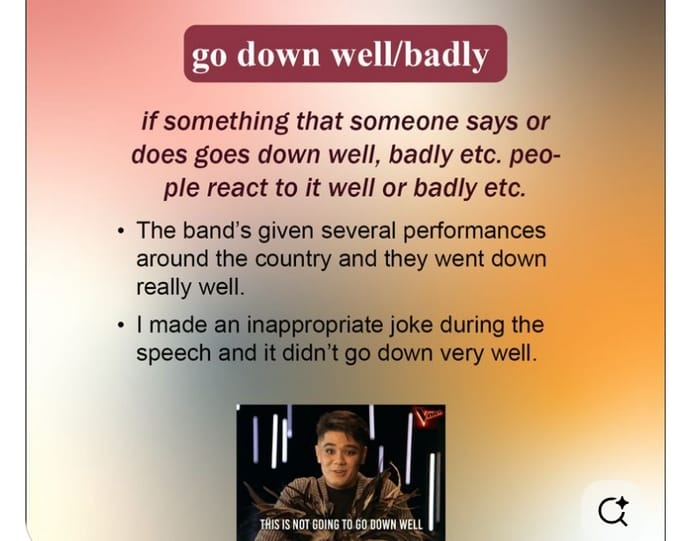 Cấu trúc go down well/badly thể hiện sự việc, điều gì đó được người khác tiếp nhận