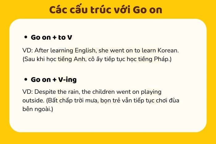 Ví dụ cho thấy sự khác biệt của “go on to V” và “go on V-ing”