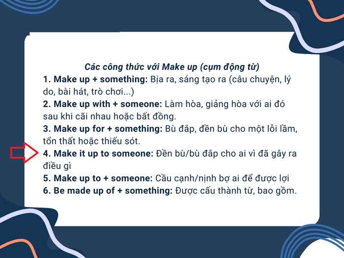 Cấu trúc Make up (to somebody) for something mang nghĩa bù đắp, đền bù cho ai đó vì lỗi lầm, sai sót