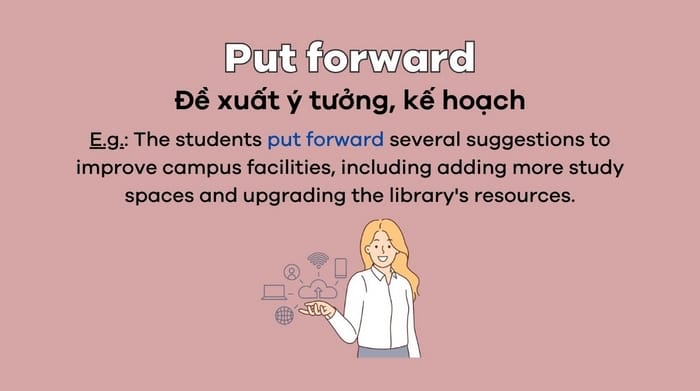 Put forward có nghĩa trừu tượng cơ bản nhất là đề xuất, đưa ra hoặc trình bày một ý tưởng, kế hoạch,... với ai đó