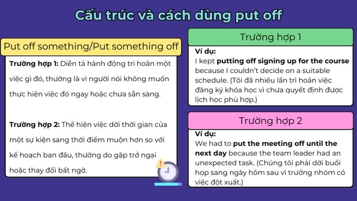Ý nghĩa, cách dùng Put Off với cấu trúc Put off something