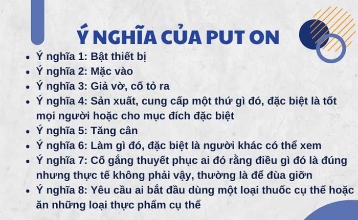 Tổng hợp các nghĩa khi dùng Put on trong tiếng Anh