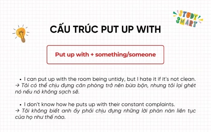 Cấu trúc dùng Put Up With kèm ví dụ nói về sự cam chịu, chấp nhận miễn cưỡng điều gì đó