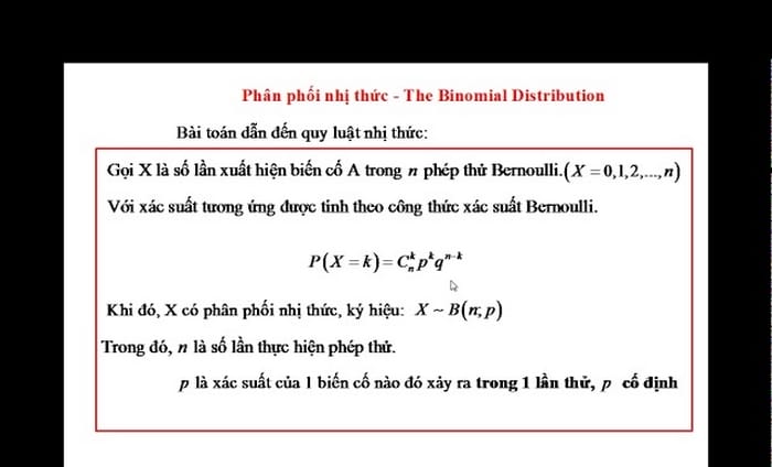Công thức cần sử dụng khi làm dạng bài Phân phối nhị thức