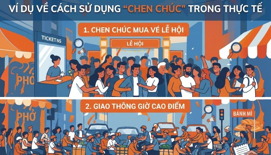Ví dụ về cách sử dụng “chen chúc” trong thực tế