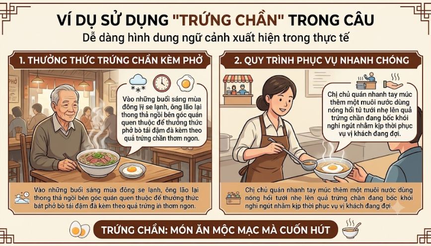 Ví dụ về cách sử dụng “trứng chần” trong thực tế